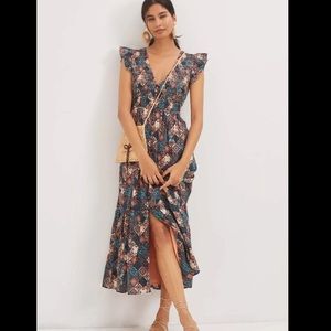 Anthropologie Peregrine Smocked Ruffle Midi Dress Size Small
